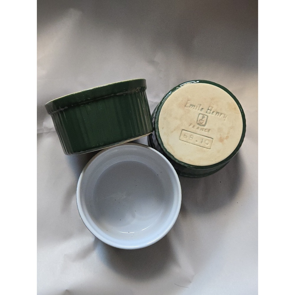 Emile Henry Ramekin Custard Baking Cups Green 6 Oz Ribbed Set Of 3 France